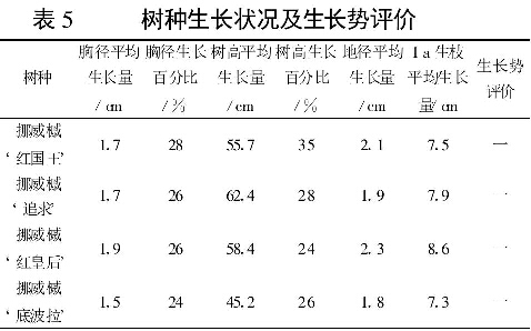 表5    樹(shù)種生長(zhǎng)狀況及生長(zhǎng)勢(shì)評(píng)價(jià)